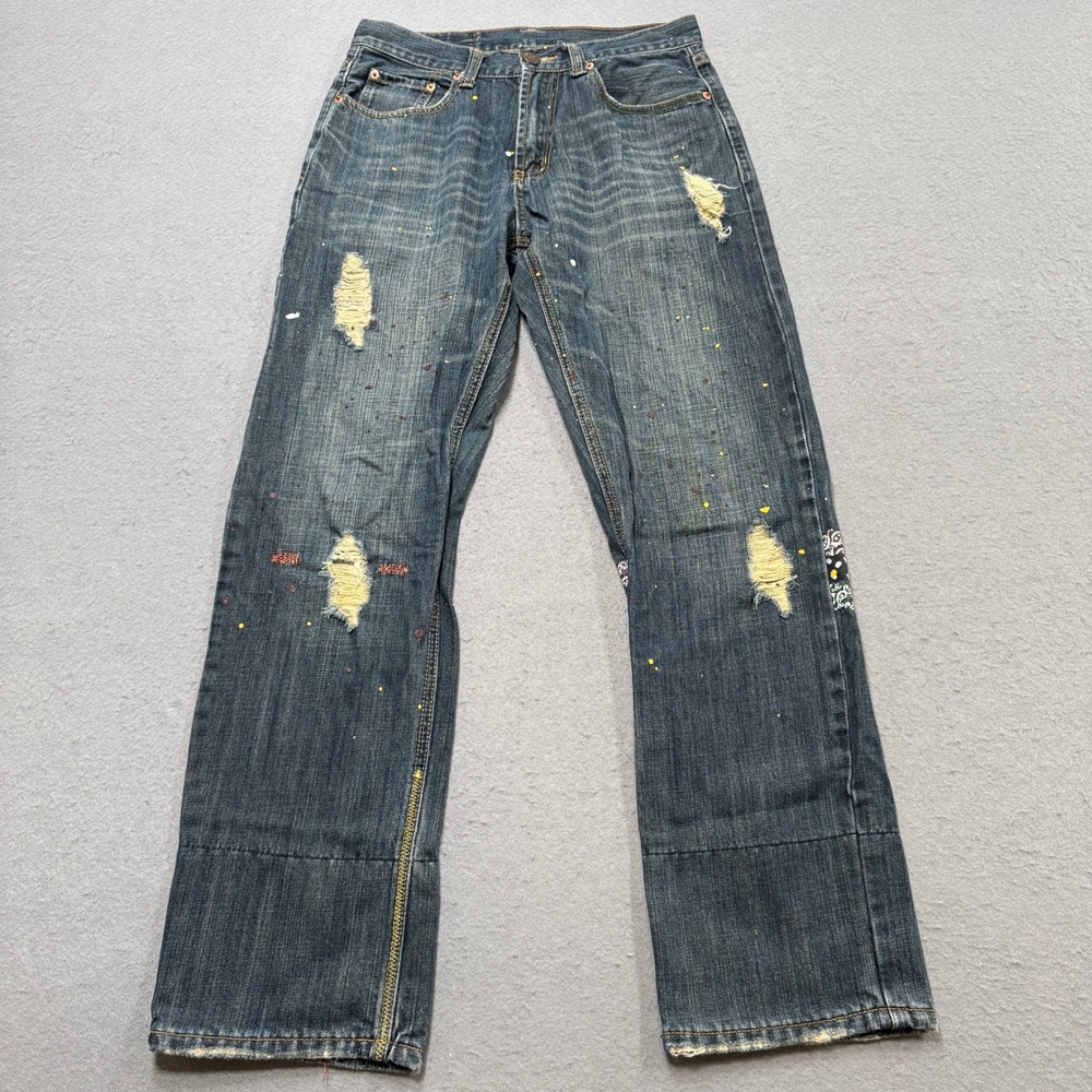 Y2K Levi's 501 Jeans Men's 29x32 Blue Paint Splatter Straight Grunge Distressed